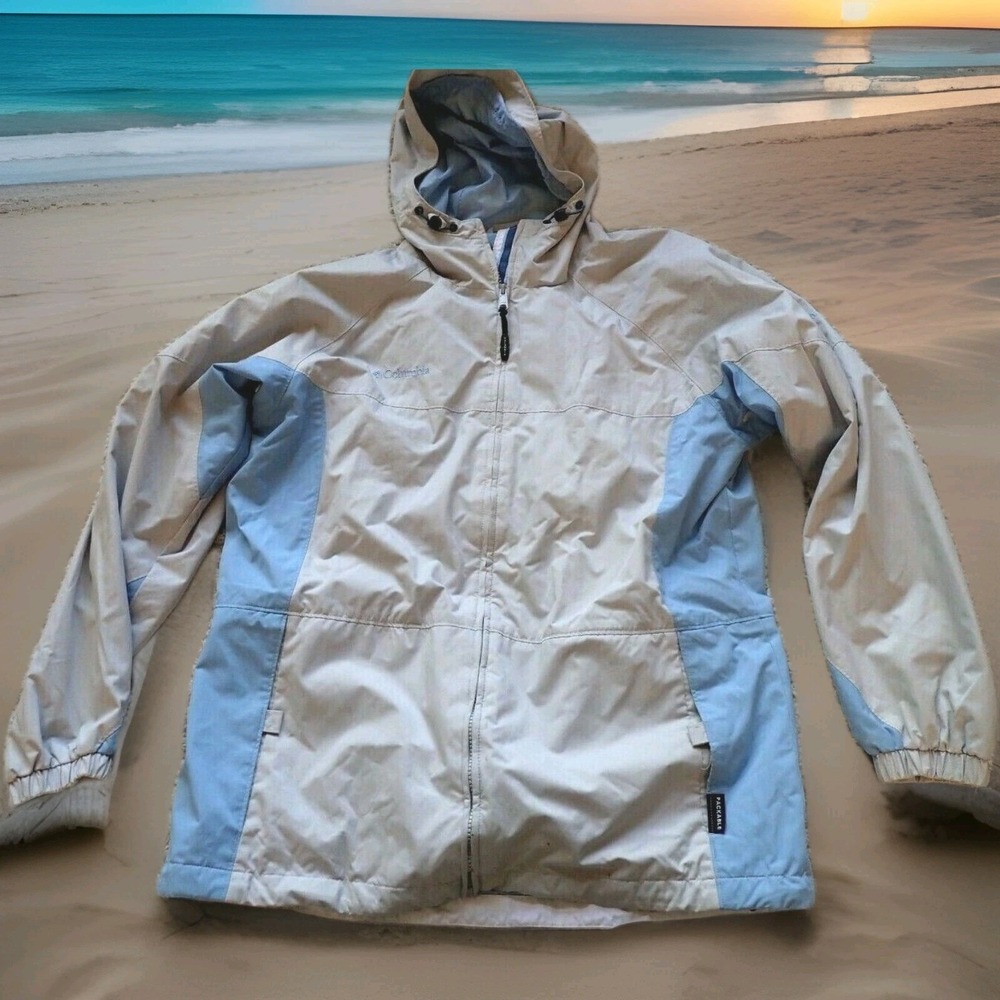 Columbia Windbreaker Jacket Womens Large Beige Blue Excellent Packable Hooded